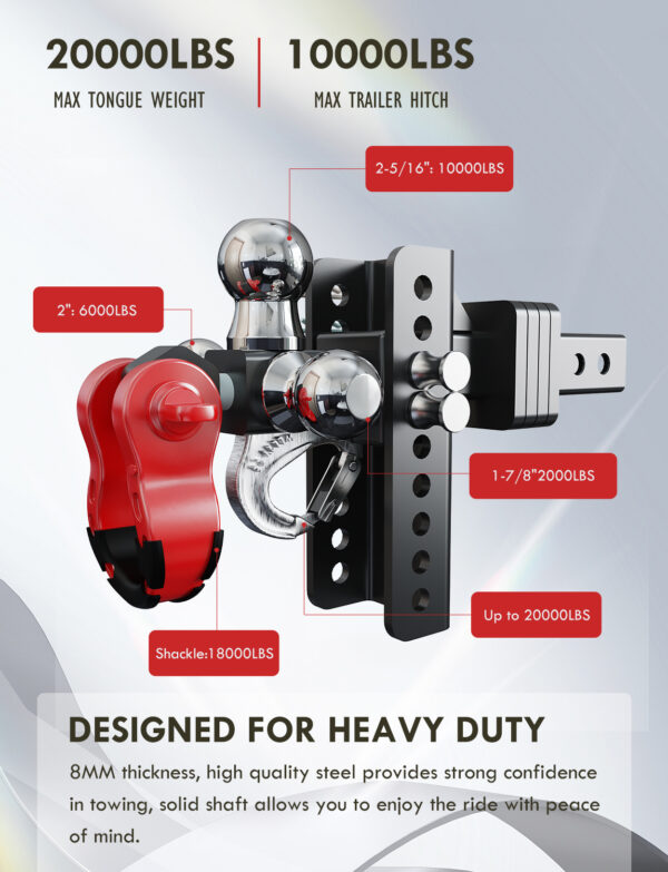 Heavy-Duty Adjustable Tri-Ball Hitch – 1-7/8", 2", 2-5/16", Fits 2" Receiver, 10,000LBS - Image 2