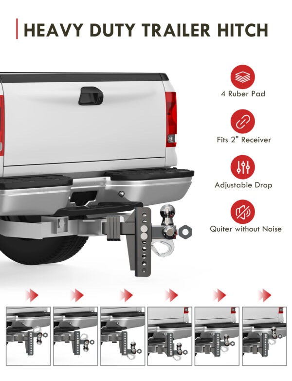 Heavy-Duty Adjustable Tri-Ball Hitch – 1-7/8", 2", 2-5/16", Fits 2" Receiver, 10,000LBS - Image 5